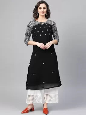 Black Knitted Embroidered Kurta