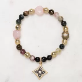 Jasper, Brass, Rose Quartz, and CZ Diamond Charm Bloom Bracelet