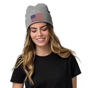 Ribbed Knit Embroidered USA Flag Beanie / Premium Beanie Available In 8 Colours / Recycled Polyester